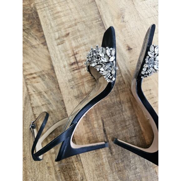 Badgley Mischka Rider Stiletto Heels Women's Size 7 Strappy Black Satin Crystals - Picture 10 of 16